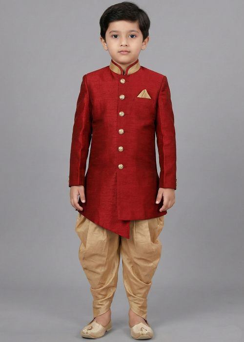 Red Dupion Kids Dhoti Sherwani With Gold Detail