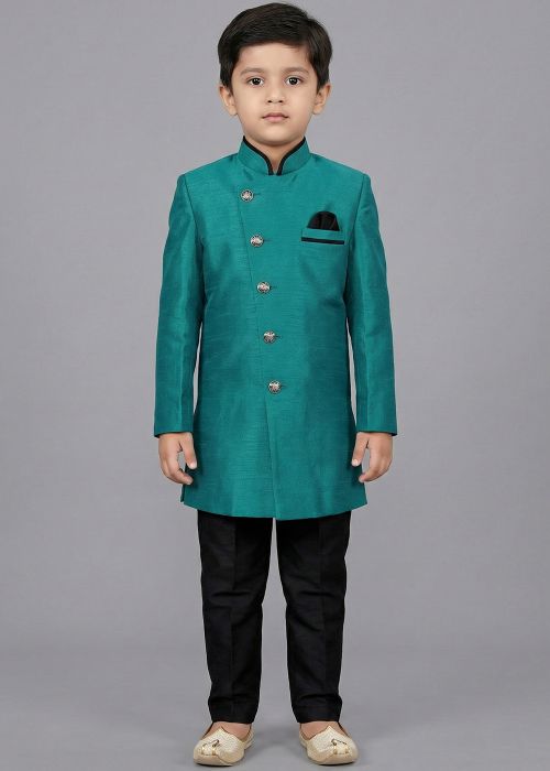 Teal Green Kids Sherwani With Black Pajama