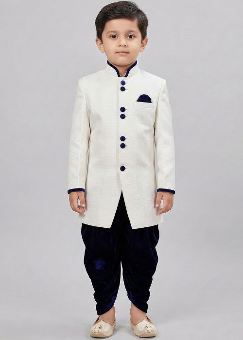 White Kids Sherwani Set With Velvet Dhoti