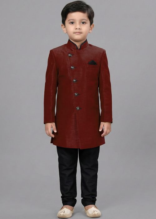 Maroon Kids Sherwani With Black Pajama