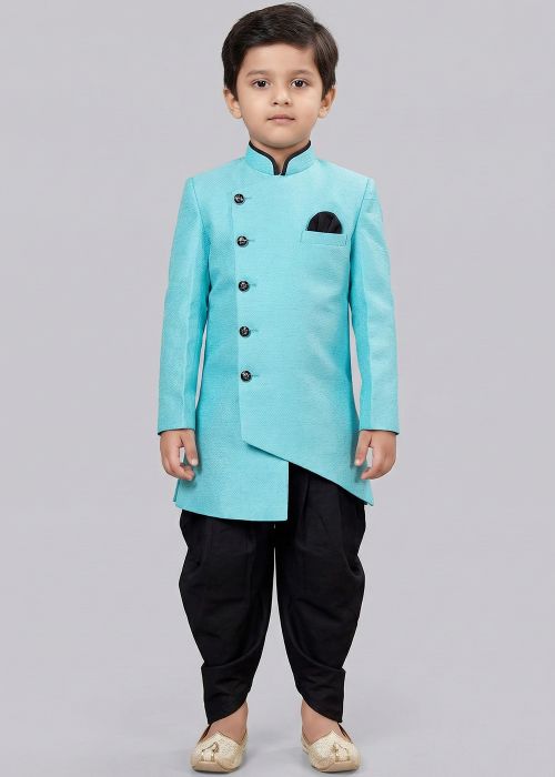 Turquoise Kids Dhoti Sherwani With Black Contrast