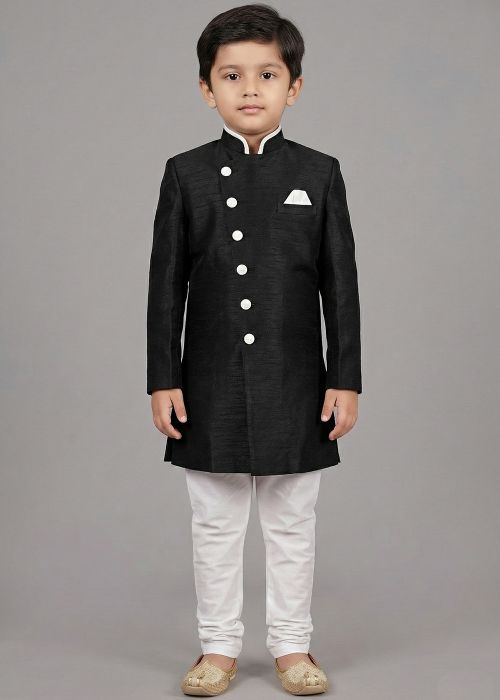 Black Kids Sherwani With White Pajama Set