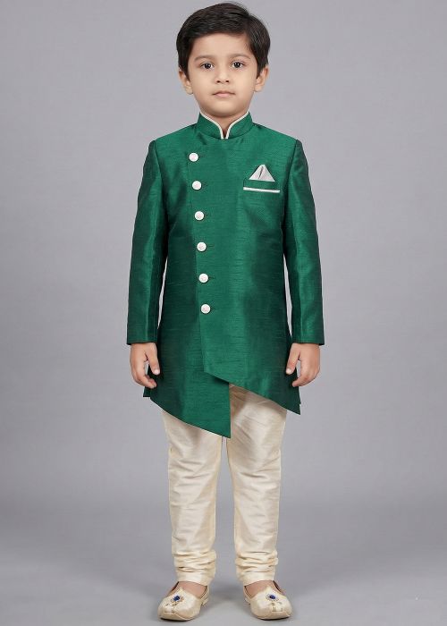 Green Asymmetric Kids Sherwani With Cream Pajama