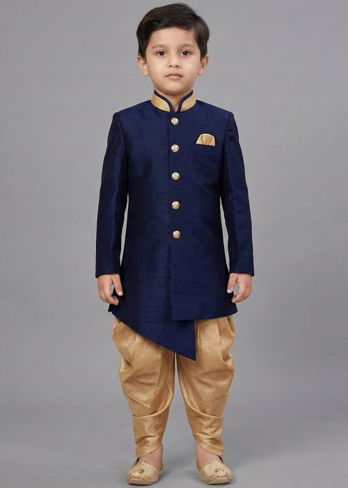 Navy Blue Kids Dhoti Sherwani With Gold Button