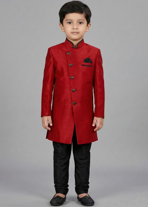 Red Kids Sherwani With Black Pajama