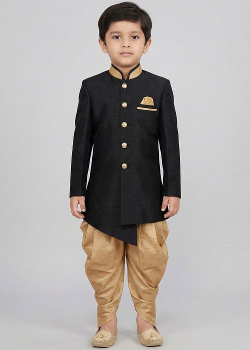 Black Kids Dhoti Sherwani With Gold Collar
