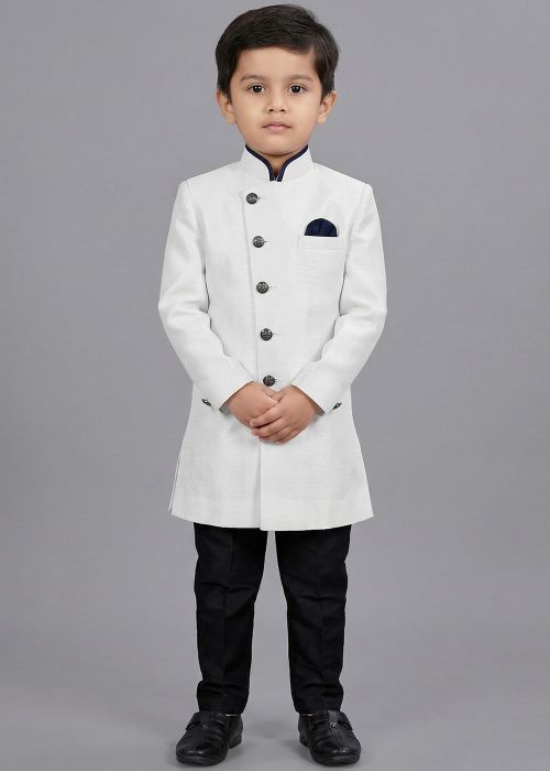 White Kids Sherwani With Navy Blue Pocket