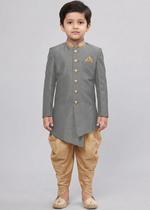 Grey Dhoti Sherwani With Subtle Gold Button