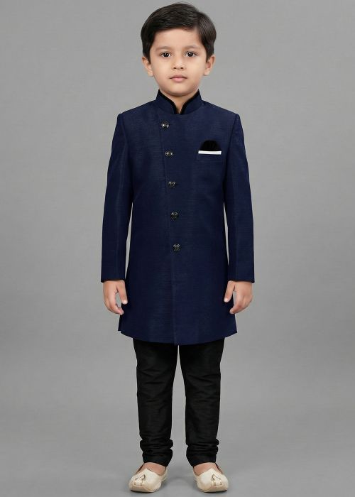 Navy Blue Kids Sherwani With Black Pajama