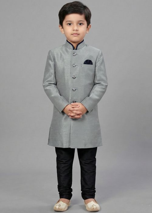 Grey Kids Sherwani With Black Pajama