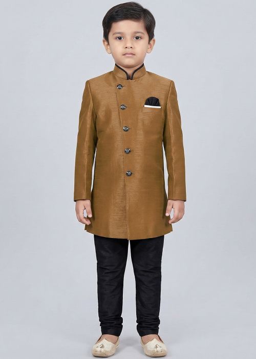 Brown Kids Sherwani With Black Pajama