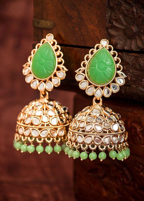 Trendy Green Readymade Kundan Indian Jhumka Earrings