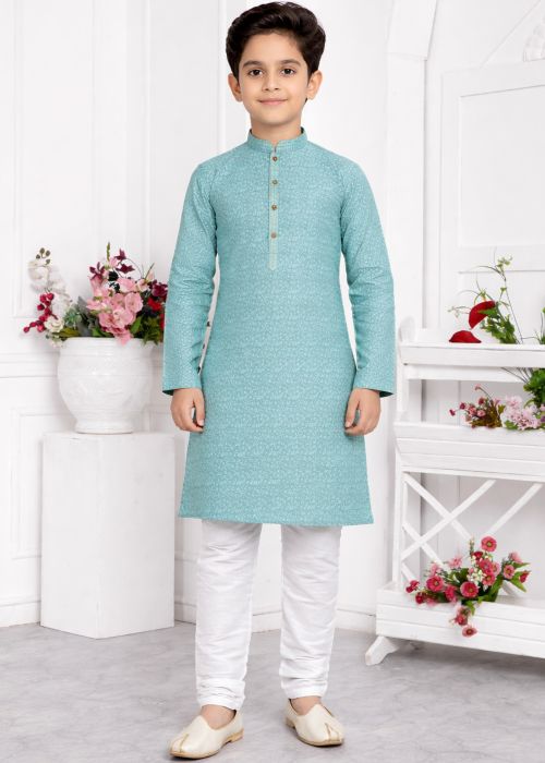 Kids Blue Jacquard Kurta Pajama With Woven Motif