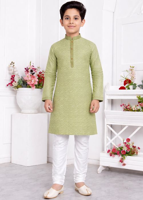 Kids Green Jacquard Kurta Pajama With Woven Motif