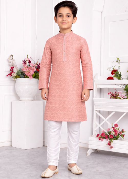 Kids Peach Jacquard Kurta Pajama With Woven Design