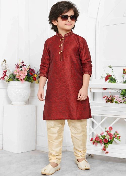 Kids Maroon Jacquard Kurta Pajama With Woven Work