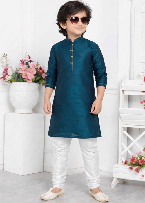 Kids Teal Blue Kurta Pajama With Woven Finish