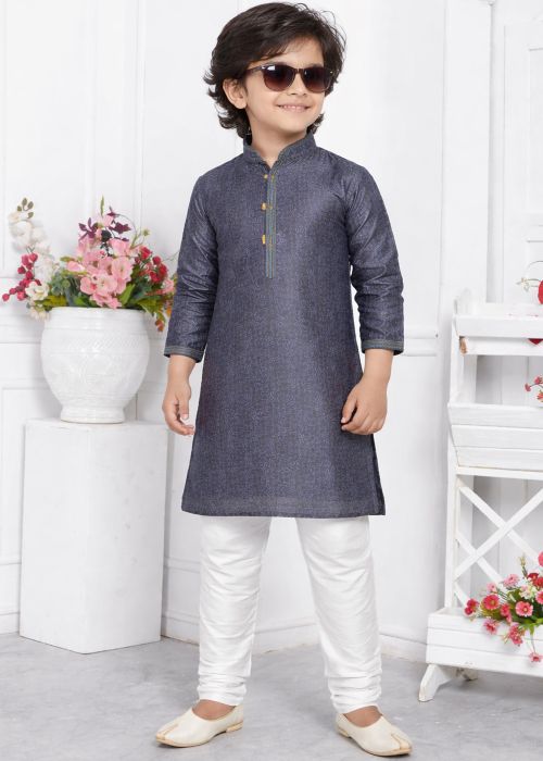 Kids Grey Kurta Pajama With Woven Texture