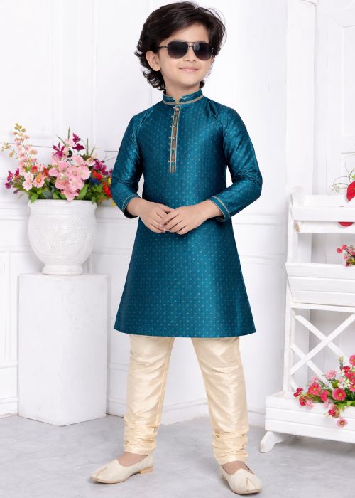 Kids Teal Green Kurta Pajama With Gold Motifs