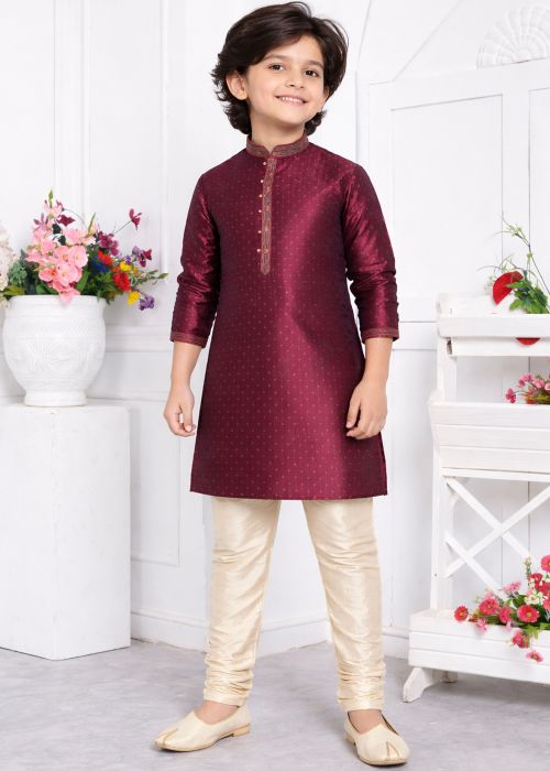 Kids Wine Jacquard Kurta Pajama With Woven Buttis