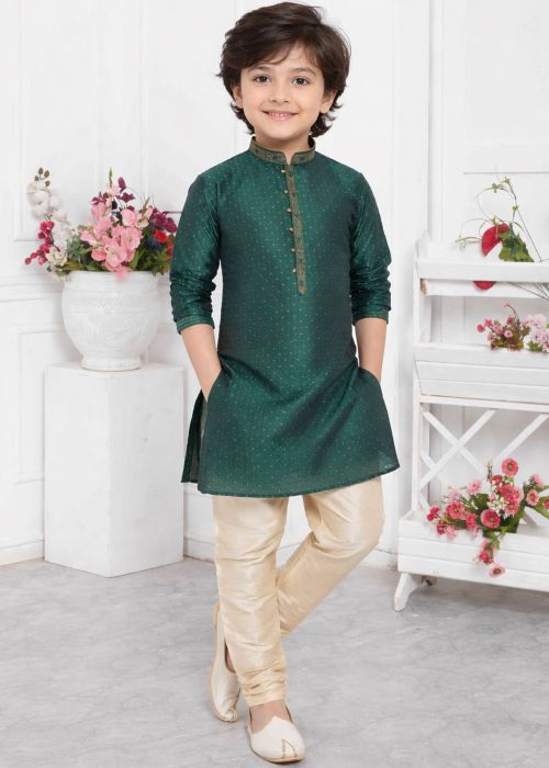 Green Jacquard Kids Kurta With Woven Motifs
