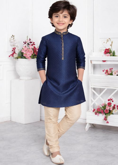 Navy Blue Jacquard Kids Kurta With Woven Detail