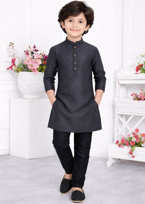 Black Jacquard Kids Kurta With Woven Finish
