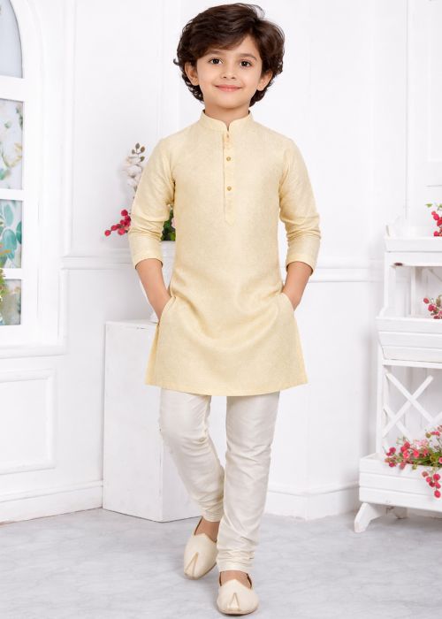 Cream Jacquard Kids Kurta With Woven Pattern