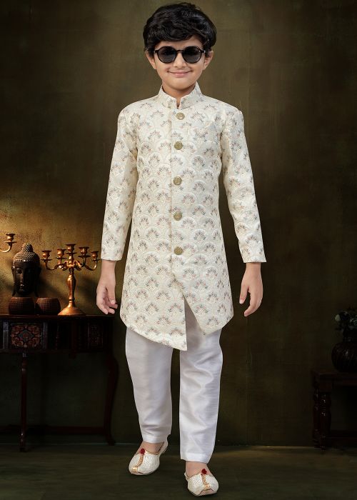 Cream Embroidered Kids Indo Western Sherwani