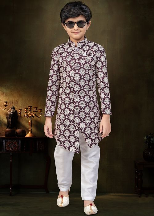 Wine Embroidered Kids Indo Western Sherwani