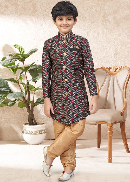 Black Kids Indo Western Sherwani With Embroidery