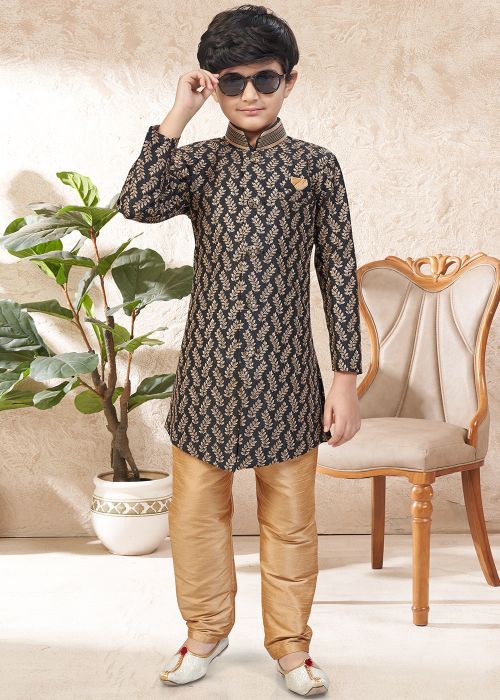 Black Leaf Pattern Kids Indo Western Sherwani