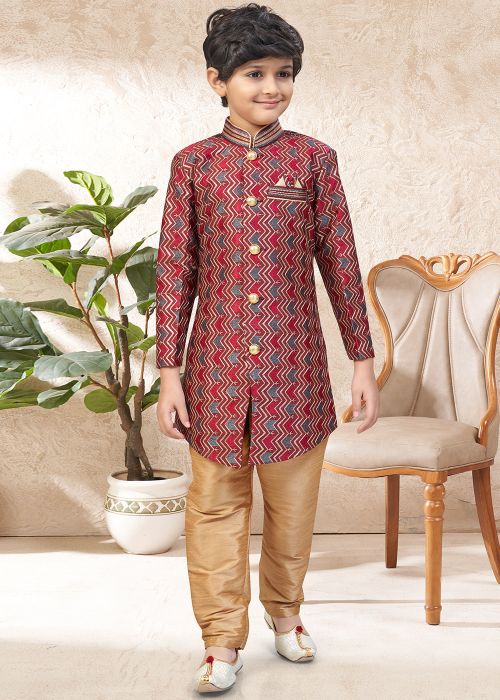 Maroon Embroidered Kids Indo Western Sherwani