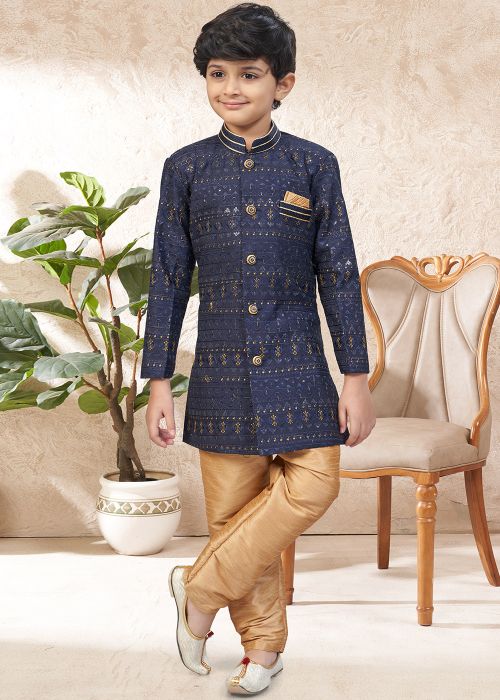 Navy Blue Kids Embroidered Indo Western Sherwani