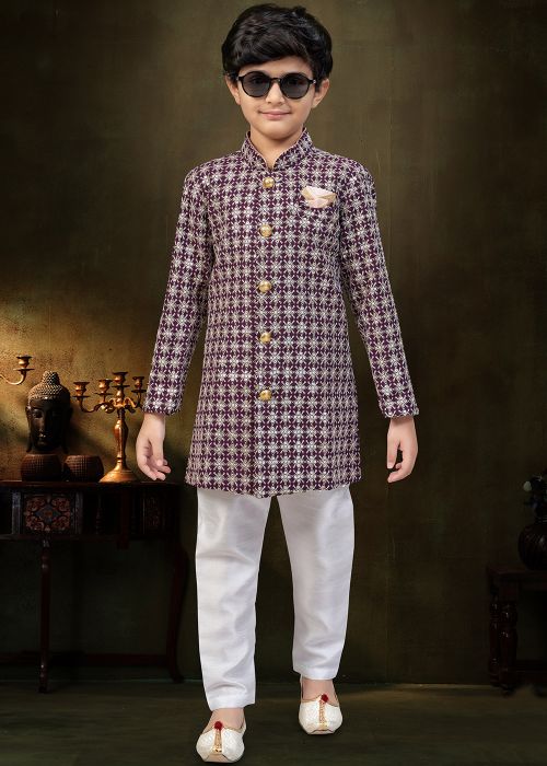 Wine Patterned Kids Indo Western Sherwani