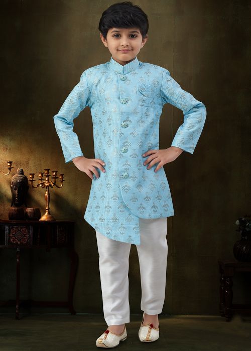 Sky Blue Embellished Kids Indo Western Sherwani