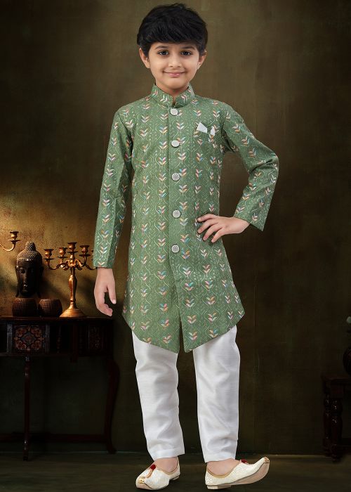 Green Floral Kids Indo Western Sherwani