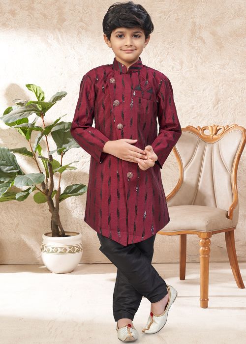 Maroon Sequins Kids Indo Western Sherwani