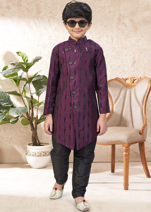 Purple Sequins Kids Indo Western Sherwani