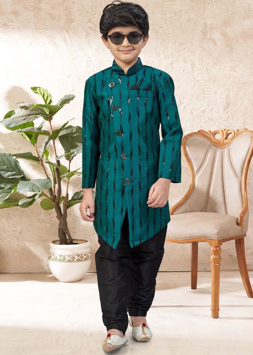 Teal Green Embellishe Kids Indo Western Sherwani