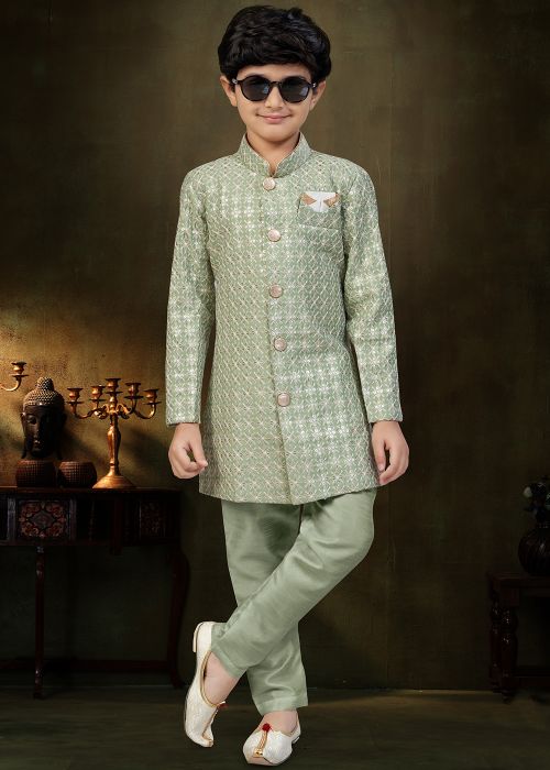 Mint Green Kids Indo Western Sherwani