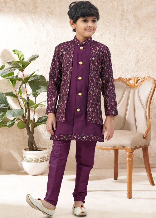 Purple Layered Embroidered Kids Indo Western Sherwani