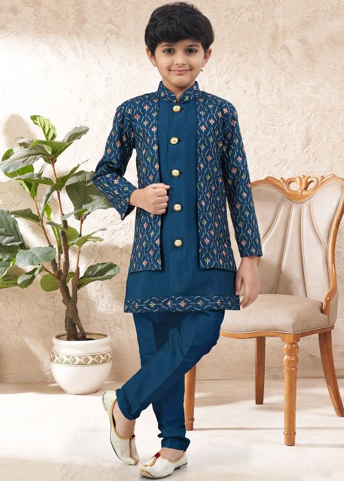 Teal Blue Layered Kids Indo Western Sherwani