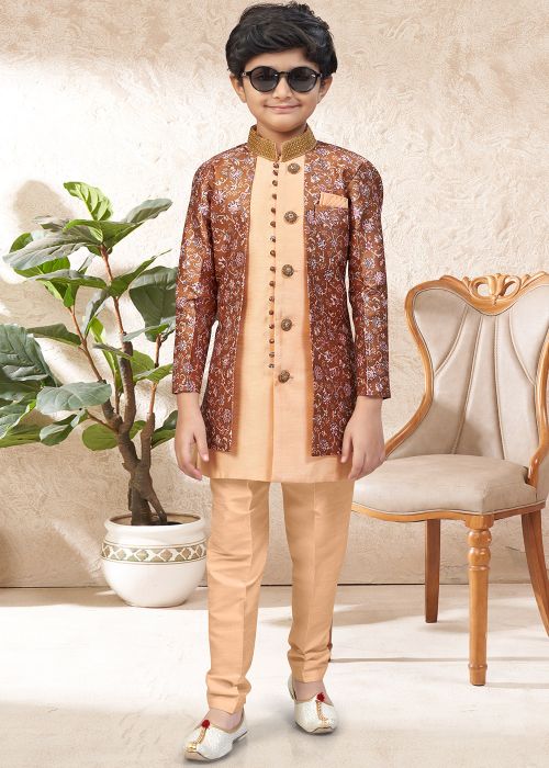 Peach Layered Kids Indo Western Sherwani