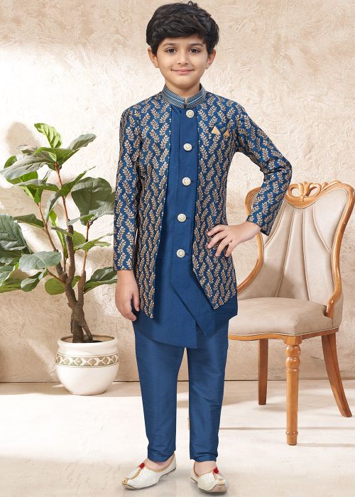 Blue Embroidered Layered Kids Indo Western Sherwani