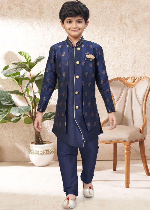 Navy Blue Woven Kids Indo Western Sherwani