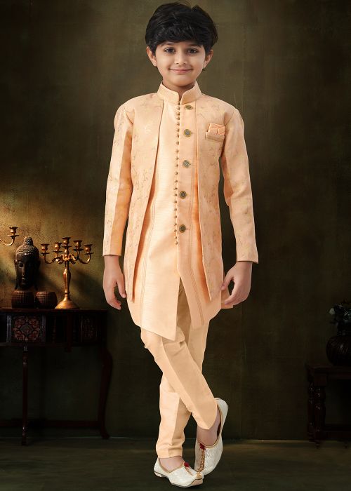 Peach Woven Layered Kids Indo Western Sherwani