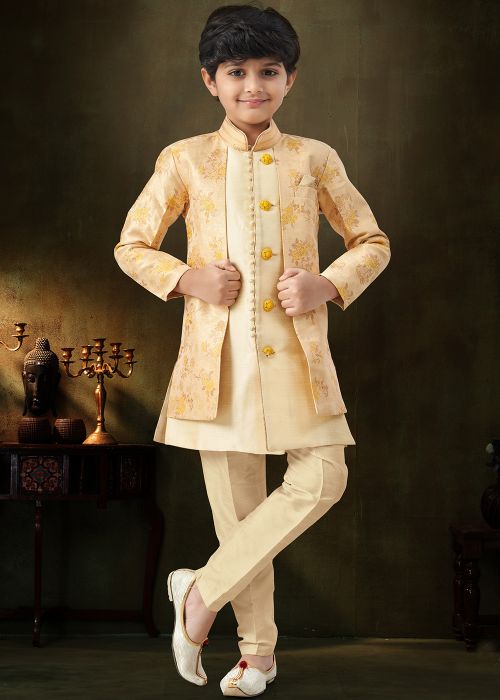 Cream Layered Kids Indo Western Sherwani