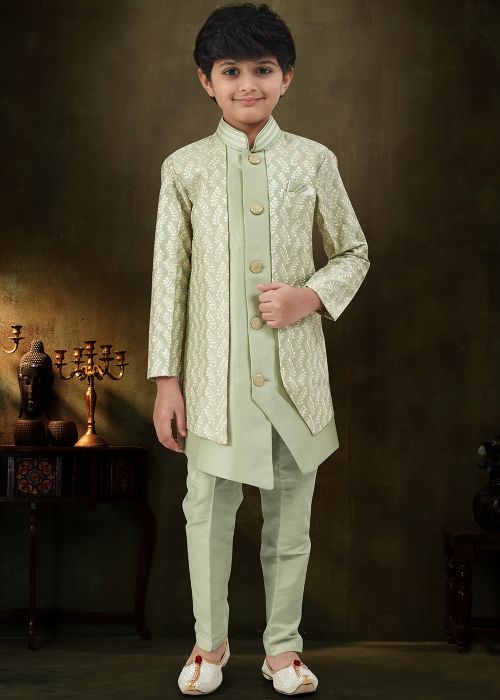 Mint Green Embroidered Kids Indo Western Sherwani