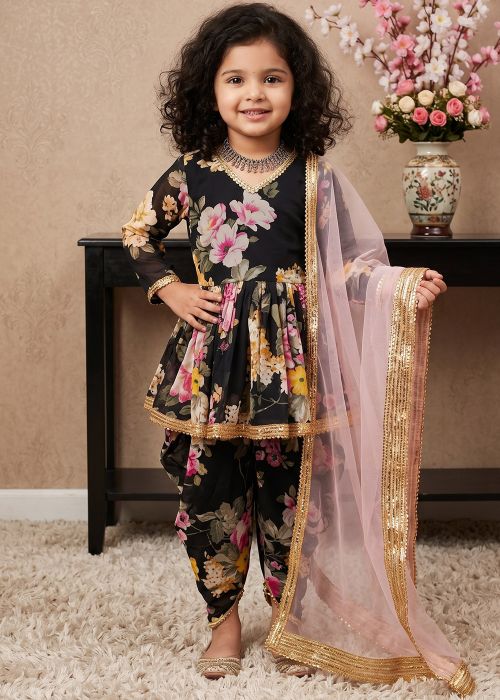 Kids Black Floral Print Georgette Punjabi Suit